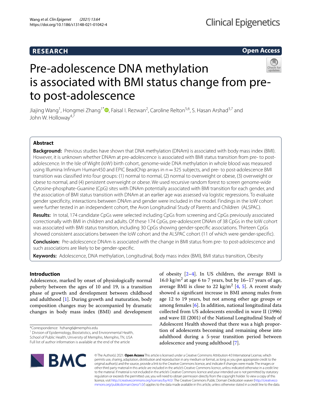 Pre-Adolescence DNA Methylation Is Associated