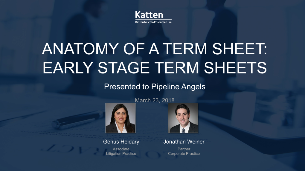 ANATOMY of a TERM SHEET: EARLY STAGE TERM SHEETS Presented to Pipeline Angels