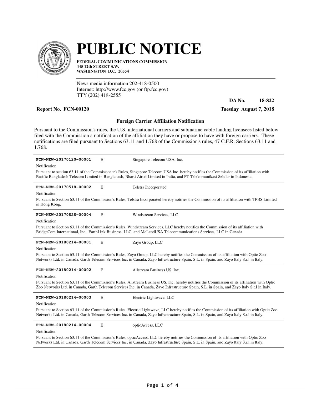 PUBLIC NOTICE FEDERAL COMMUNICATIONS COMMISSION 445 12Th STREET S.W