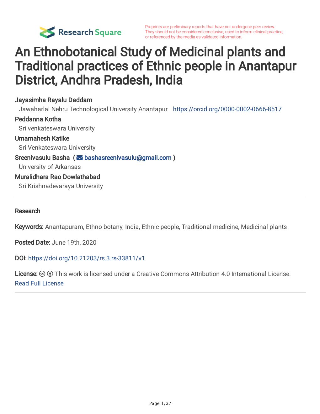 An Ethnobotanical Study of Medicinal Plants and Traditional Practices of Ethnic People in Anantapur District, Andhra Pradesh, India