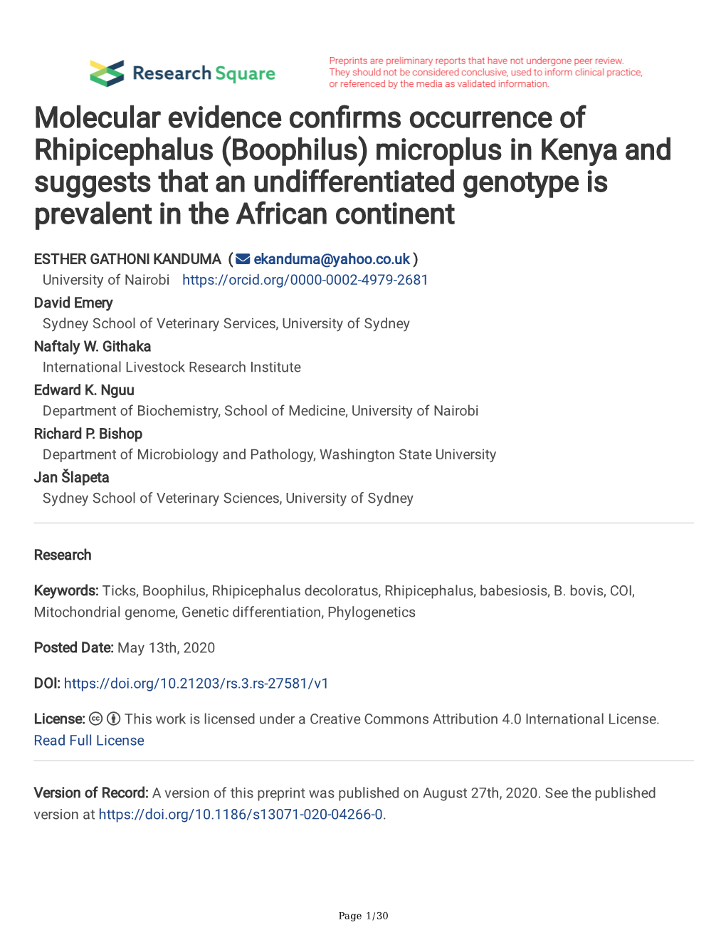 Boophilus) Microplus in Kenya and Suggests That an Undifferentiated Genotype Is Prevalent in the African Continent