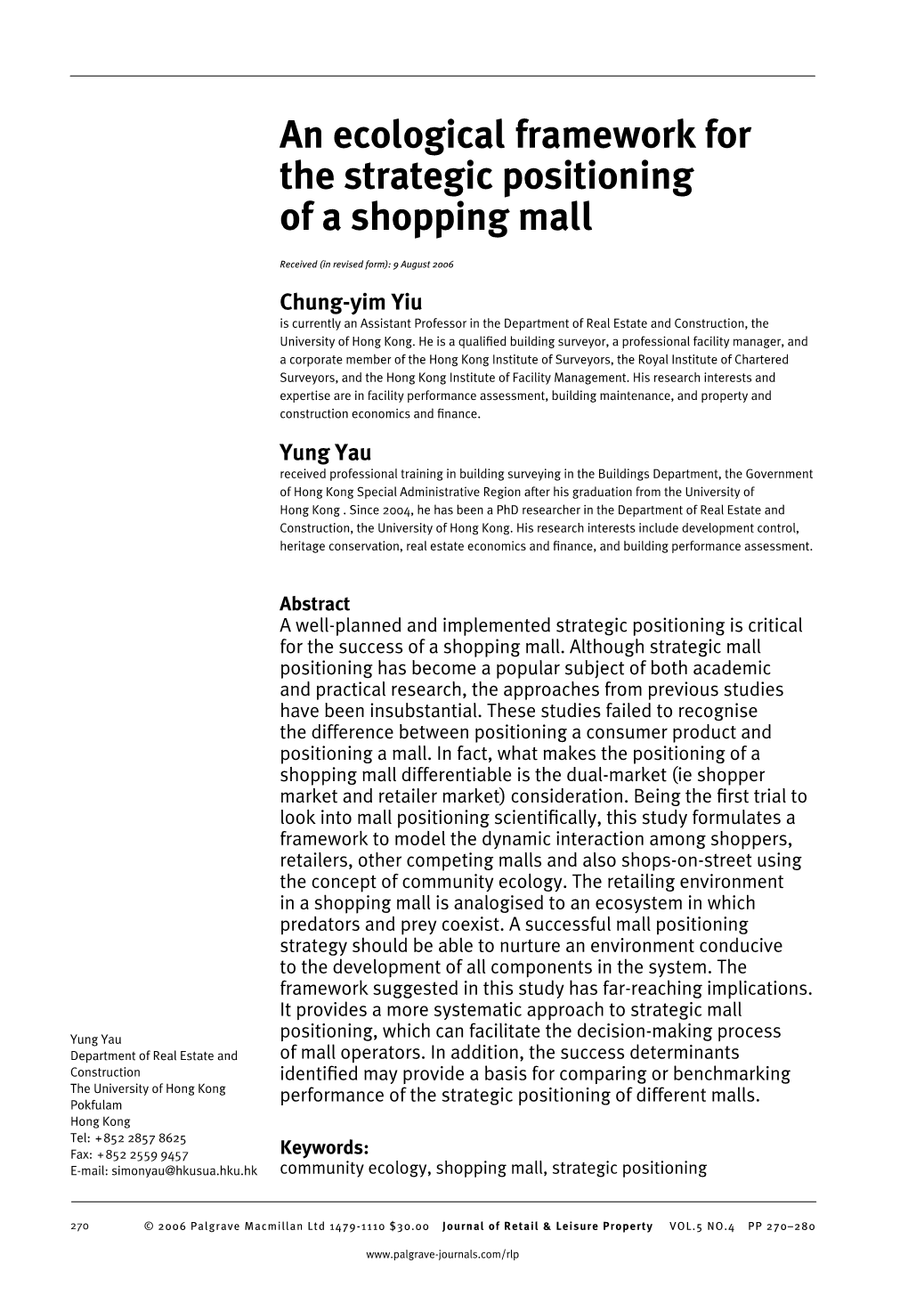 An Ecological Framework for the Strategic Positioning of a Shopping