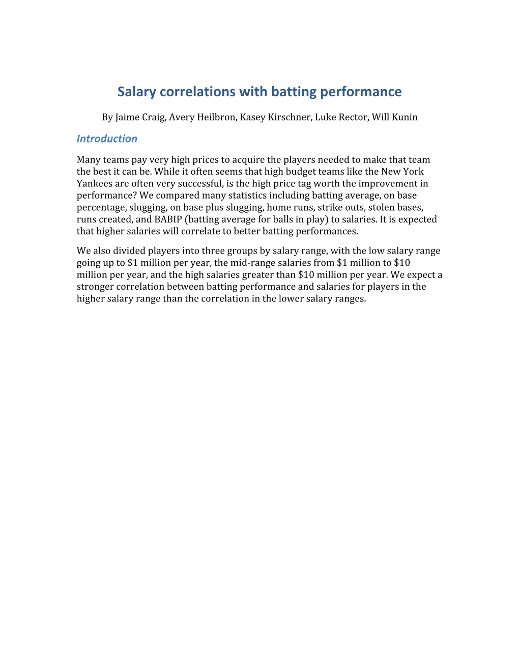 Salary Correlations with Batting Performance