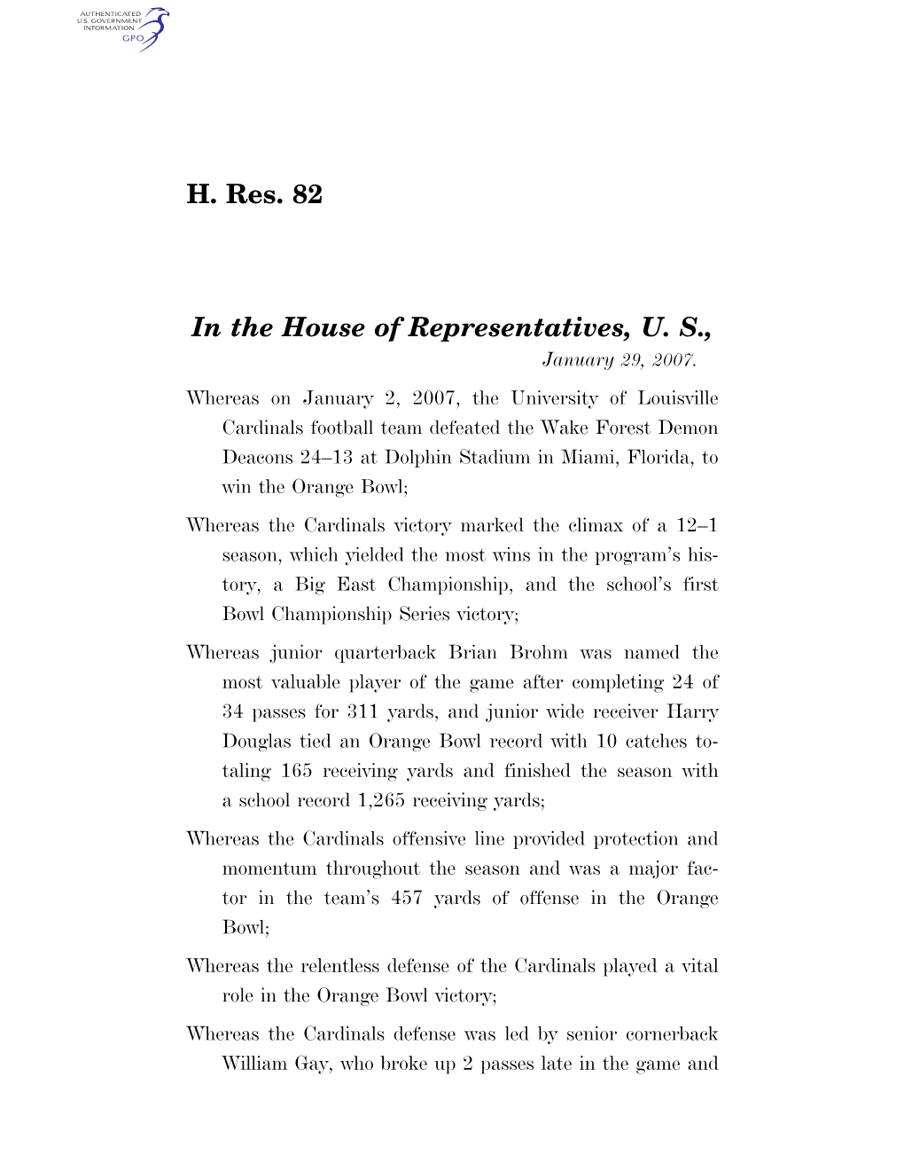 H. Res. 82 in the House of Representatives, U