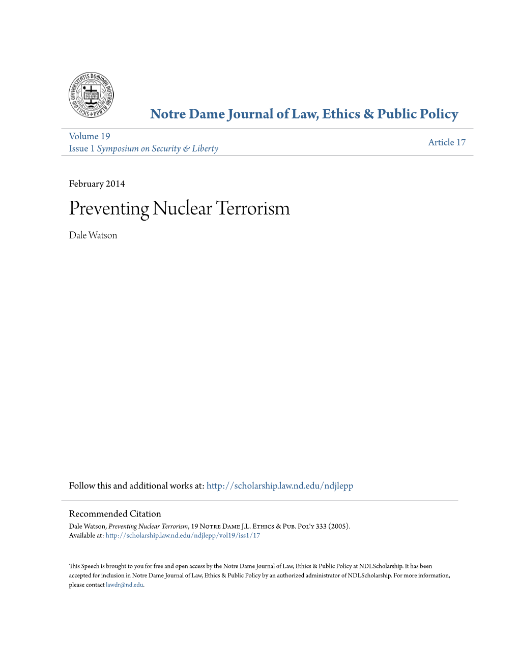 Preventing Nuclear Terrorism Dale Watson