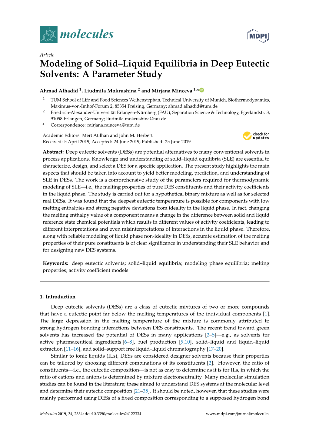 Modeling of Solid–Liquid Equilibria in Deep Eutectic Solvents: a Parameter Study