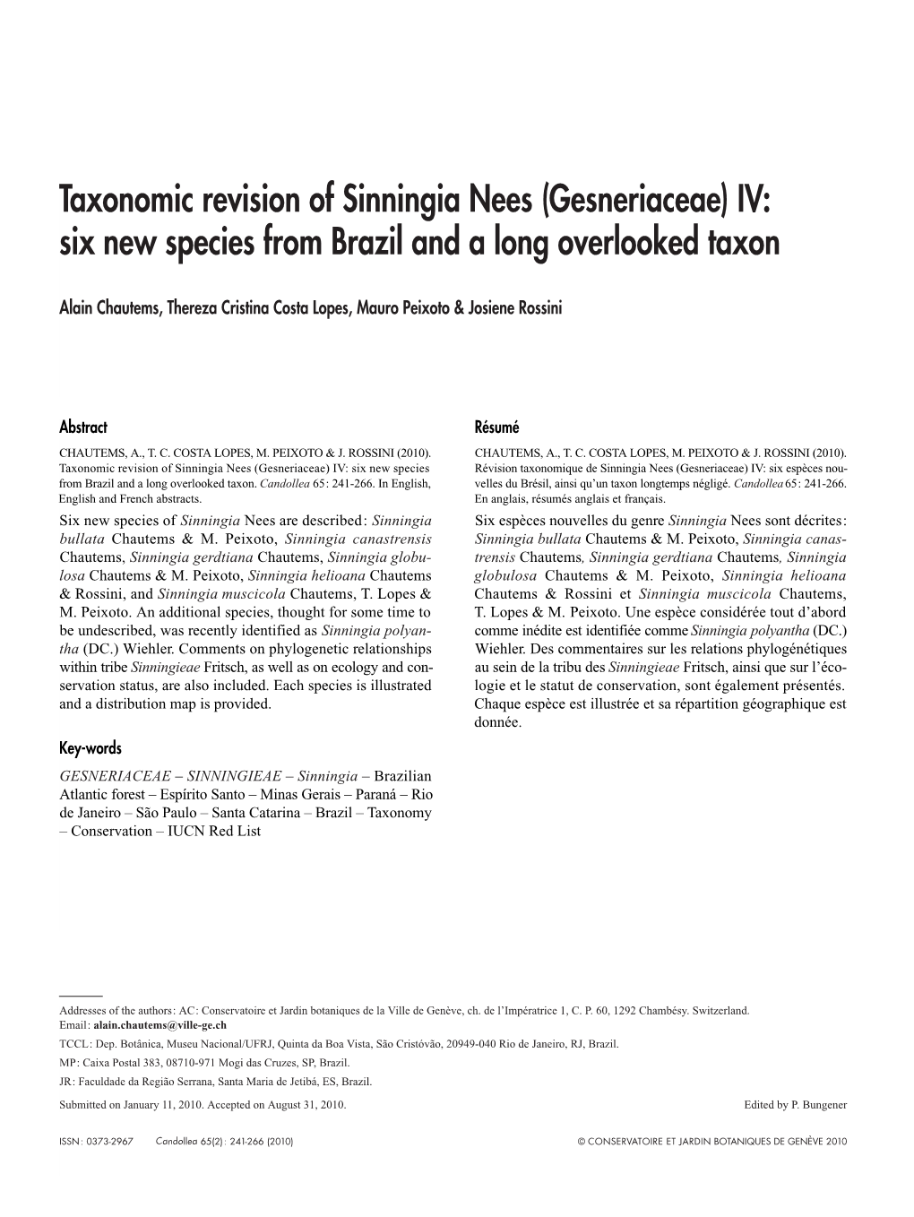 Taxonomic Revision of Sinningia Nees (Gesneriaceae) IV: Six New Species from Brazil and a Long Overlooked Taxon