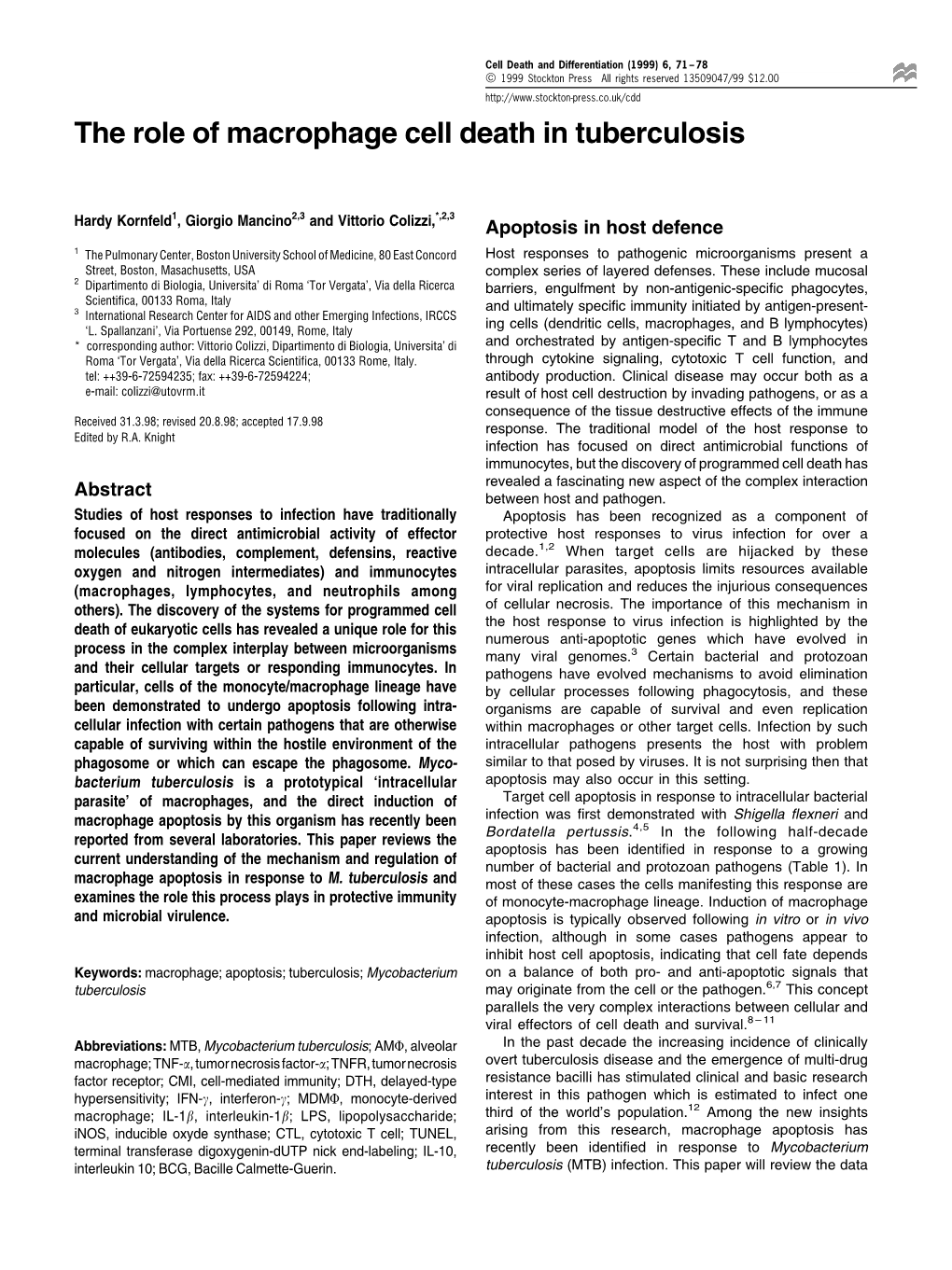 The Role of Macrophage Cell Death in Tuberculosis