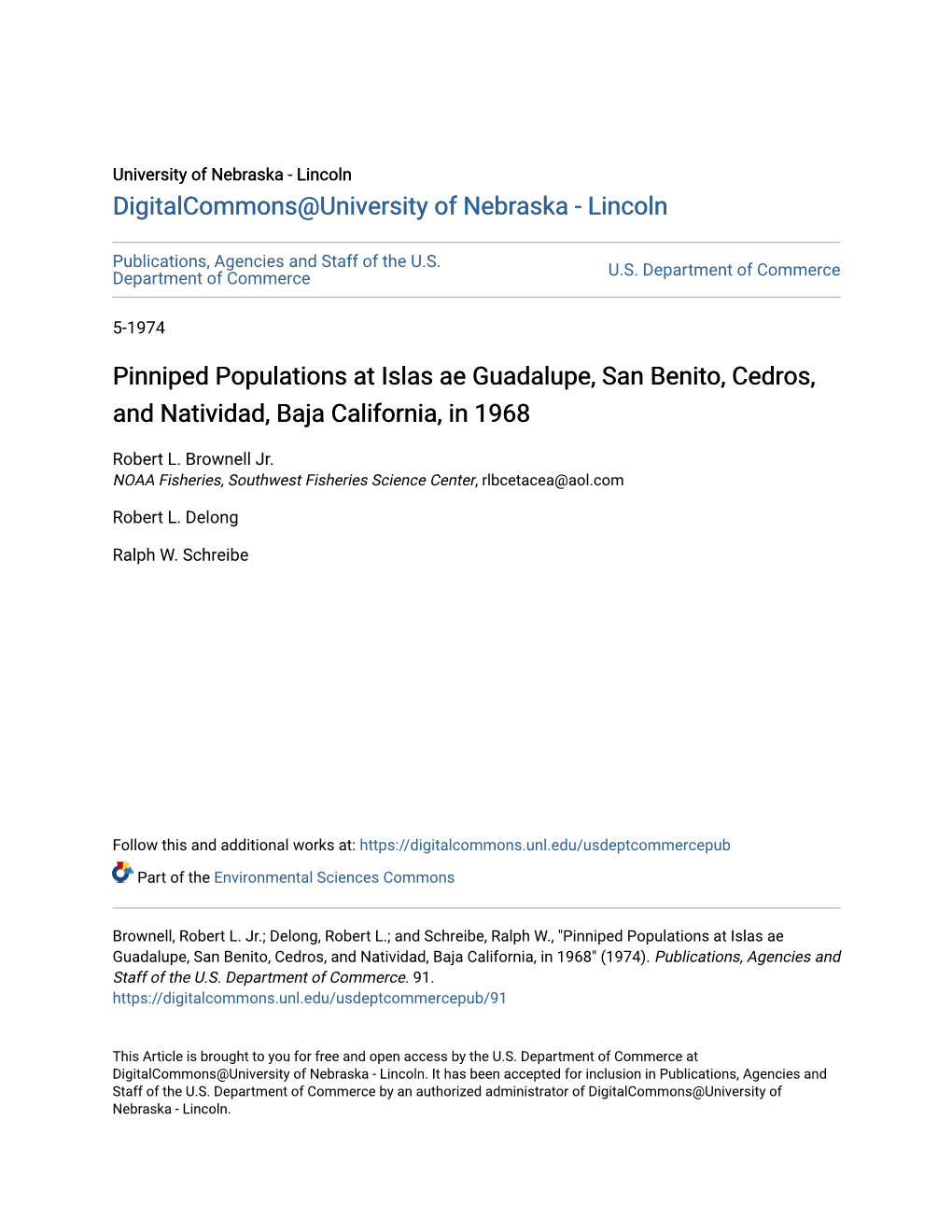 Pinniped Populations at Islas Ae Guadalupe, San Benito, Cedros, and Natividad, Baja California, in 1968