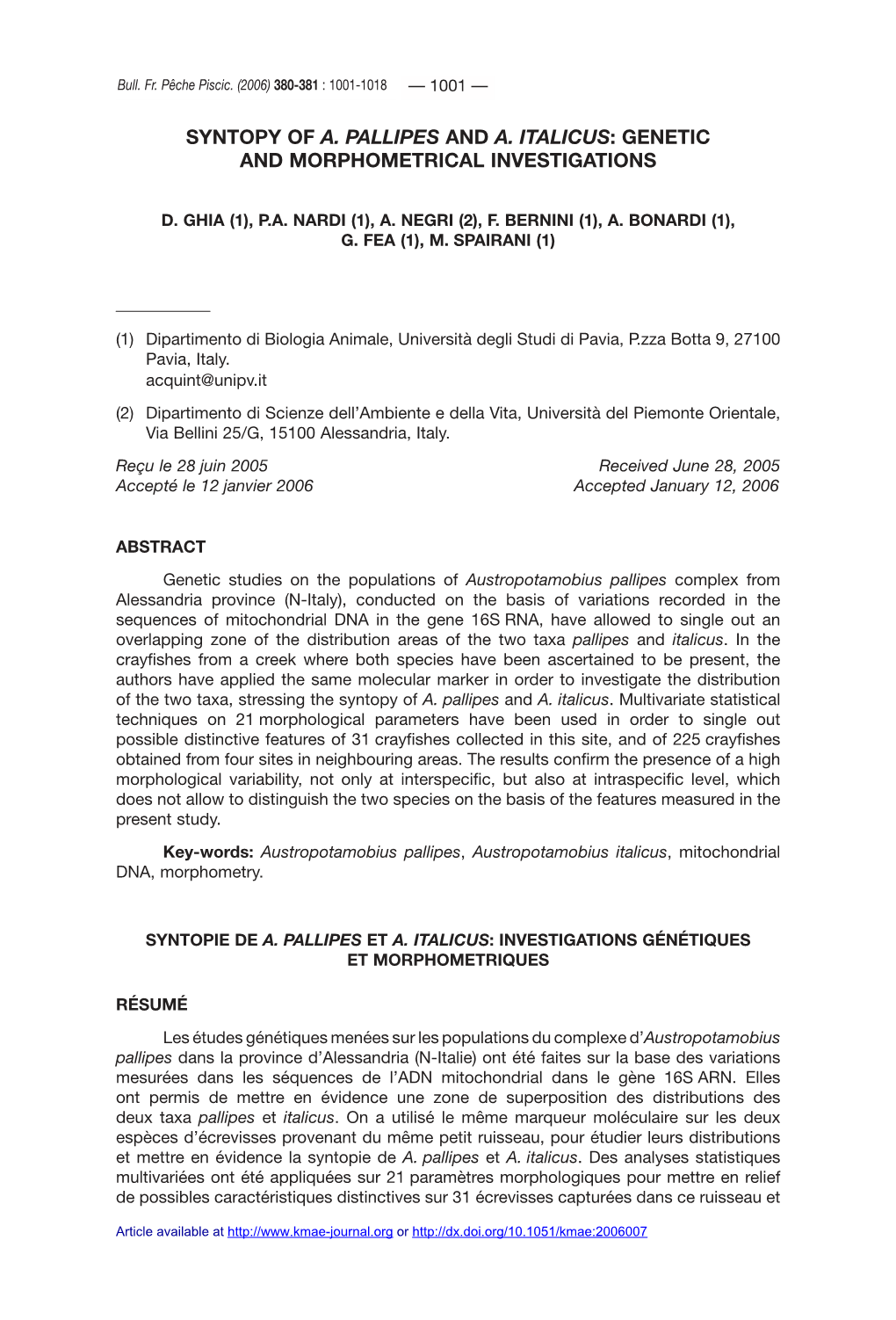 Syntopy of A. Pallipes and A. Italicus: Genetic and Morphometrical Investigations