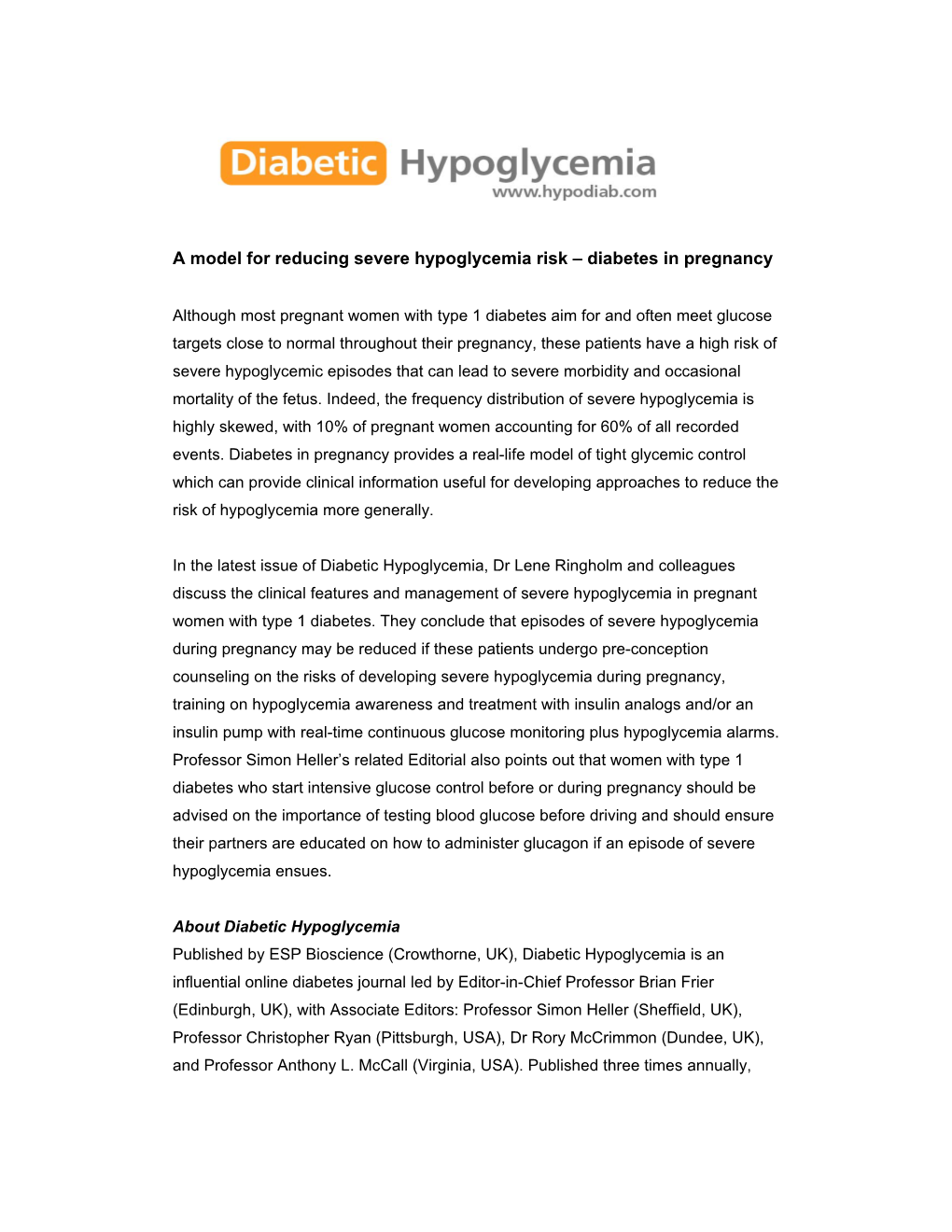 A Model for Reducing Severe Hypoglycemia Risk – Diabetes in Pregnancy