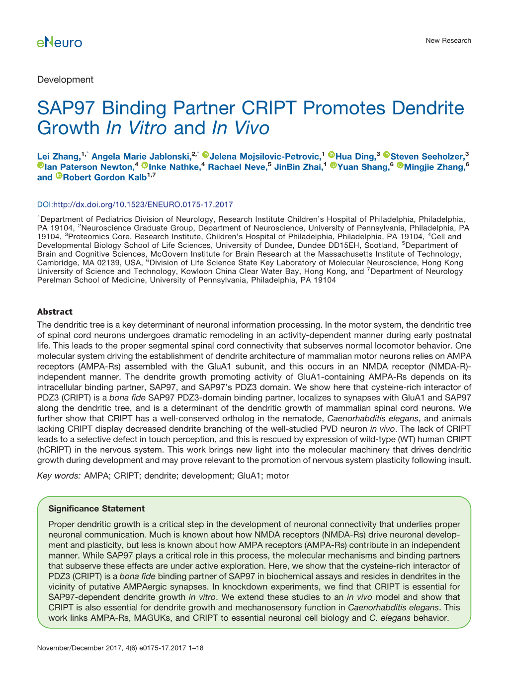SAP97 Binding Partner CRIPT Promotes Dendrite Growth in Vitro and in Vivo