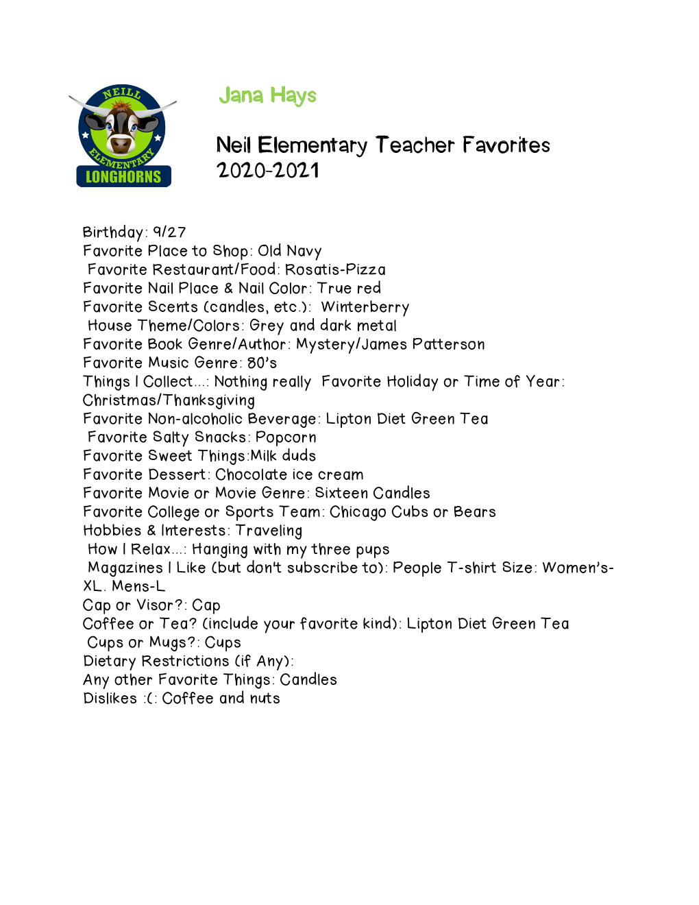 Jana Hays Neil Elementary Teacher Favorites 2020-2021