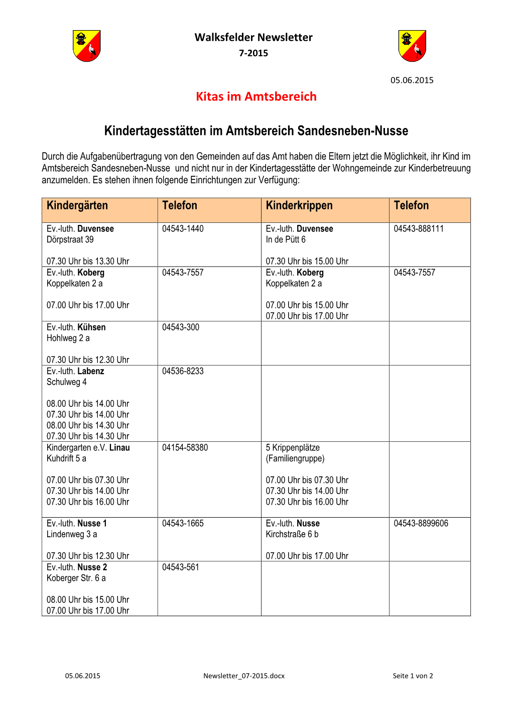 Kitas Im Amtsbereich Kindertagesstätten Im