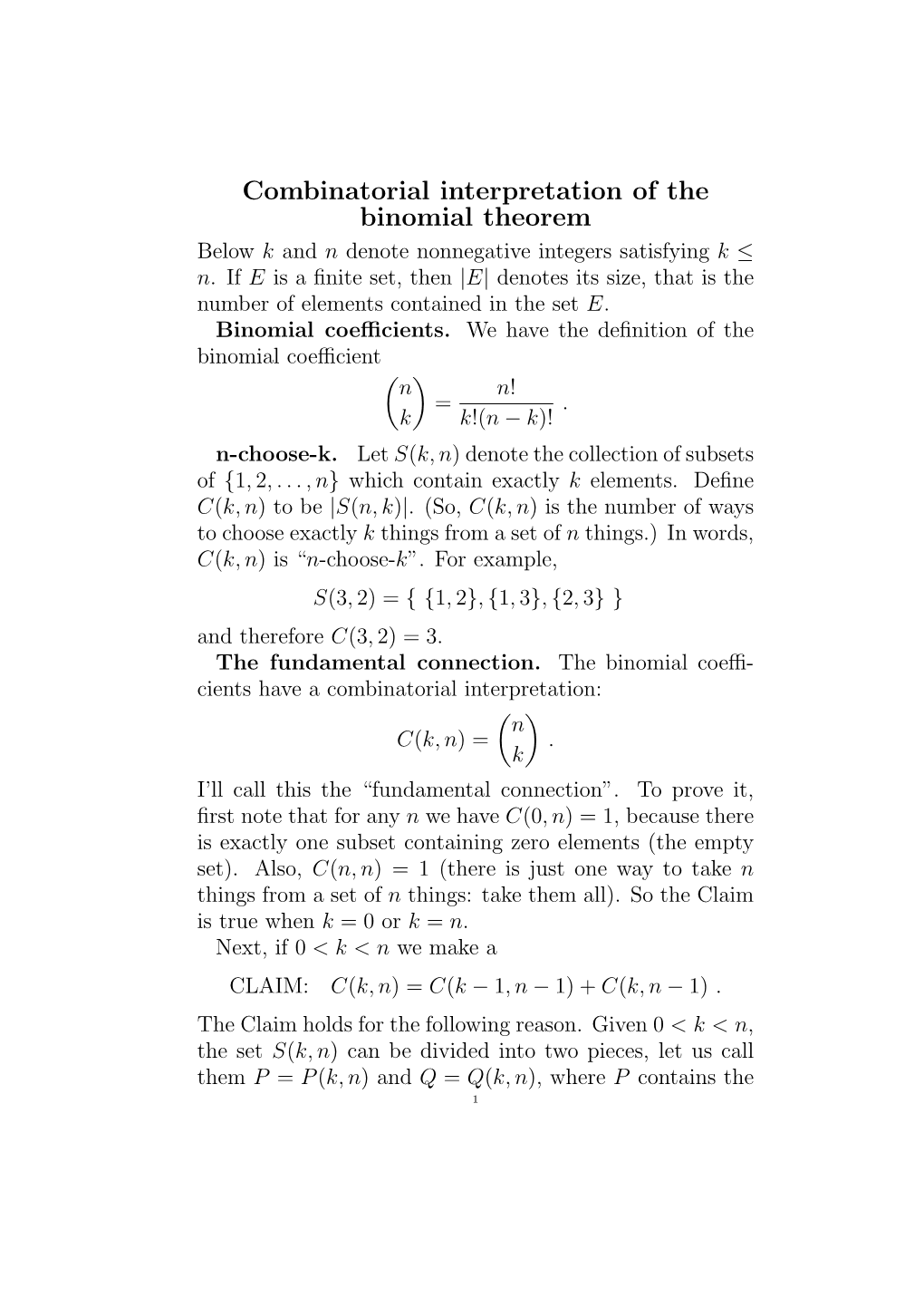 Combinatorial Interpretation of the Binomial Theorem Below K and N Denote Nonnegative Integers Satisfying K ≤ N