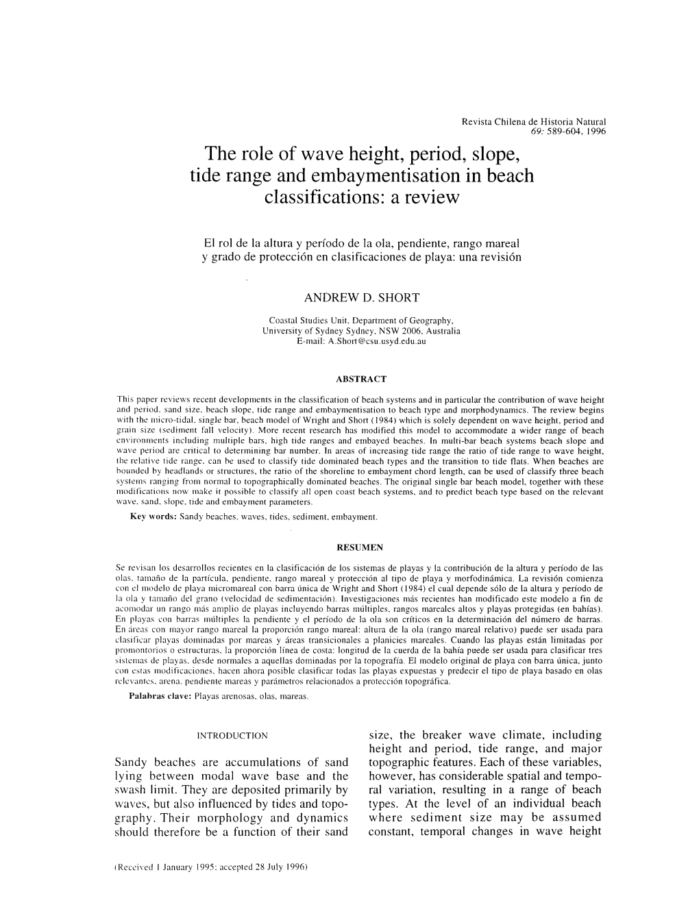 The Role of Wave Height, Period, Slope, Tide Range and Embaymentisation in Beach Classifications: a Review