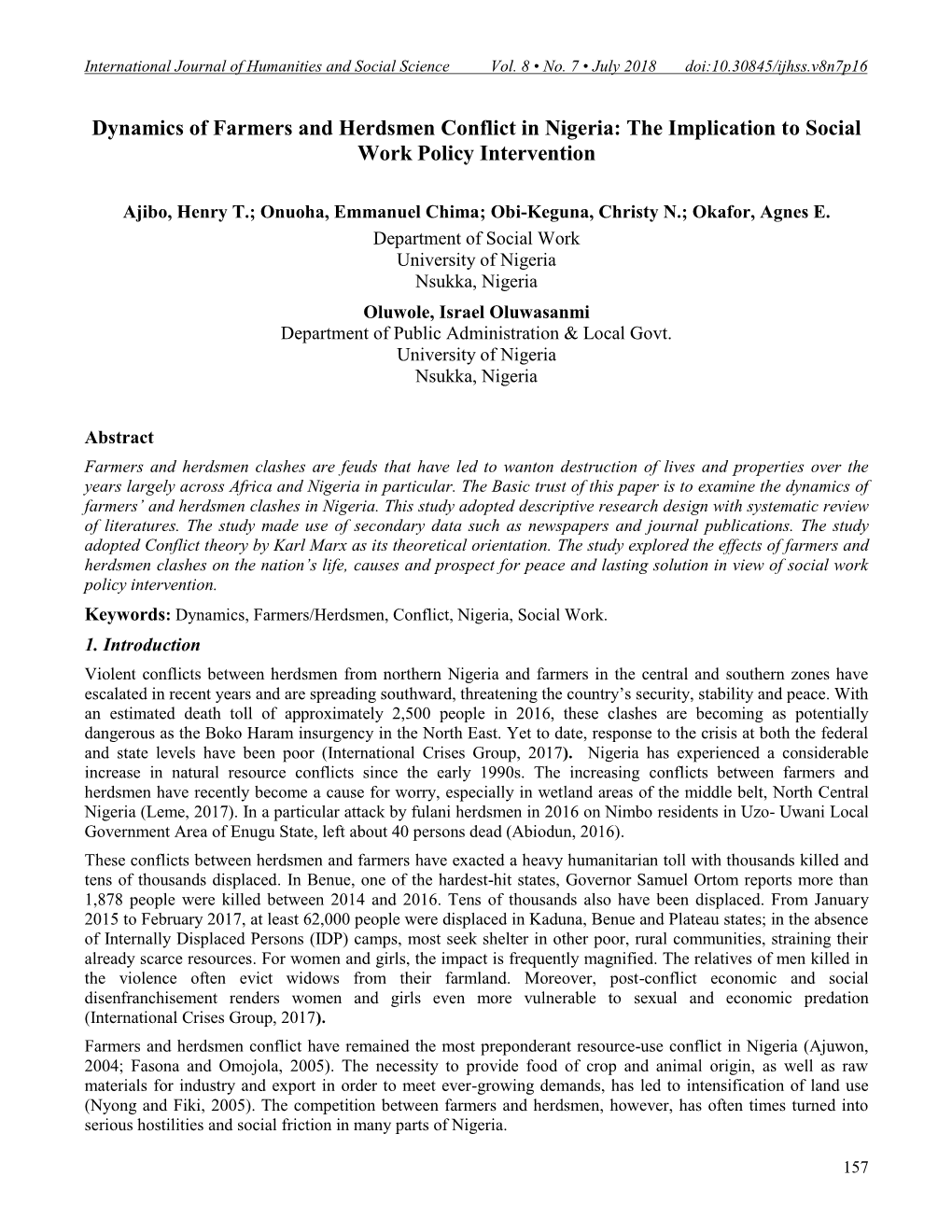 Dynamics of Farmers and Herdsmen Conflict in Nigeria: the Implication to Social Work Policy Intervention