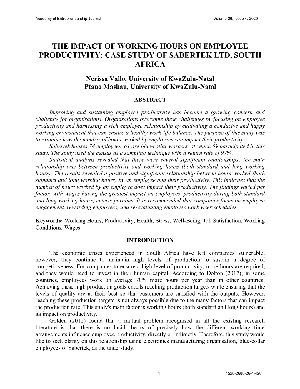 The Impact of Working Hours on Employee Productivity: Case Study of Sabertek Ltd, South Africa