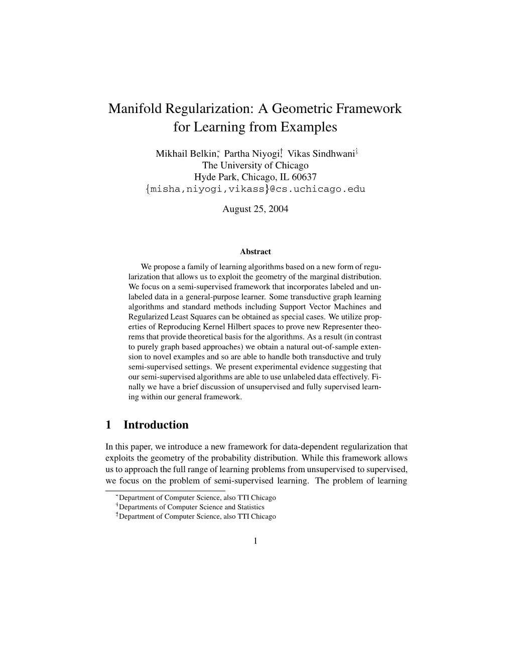 Manifold Regularization: a Geometric Framework