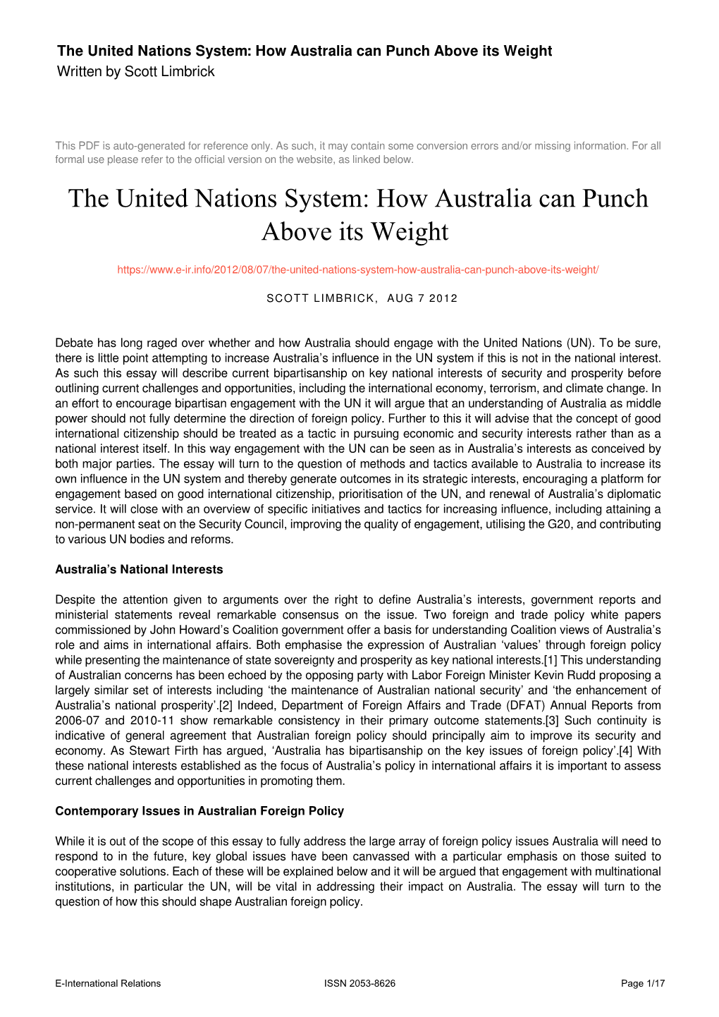 The United Nations System: How Australia Can Punch Above Its Weight Written by Scott Limbrick