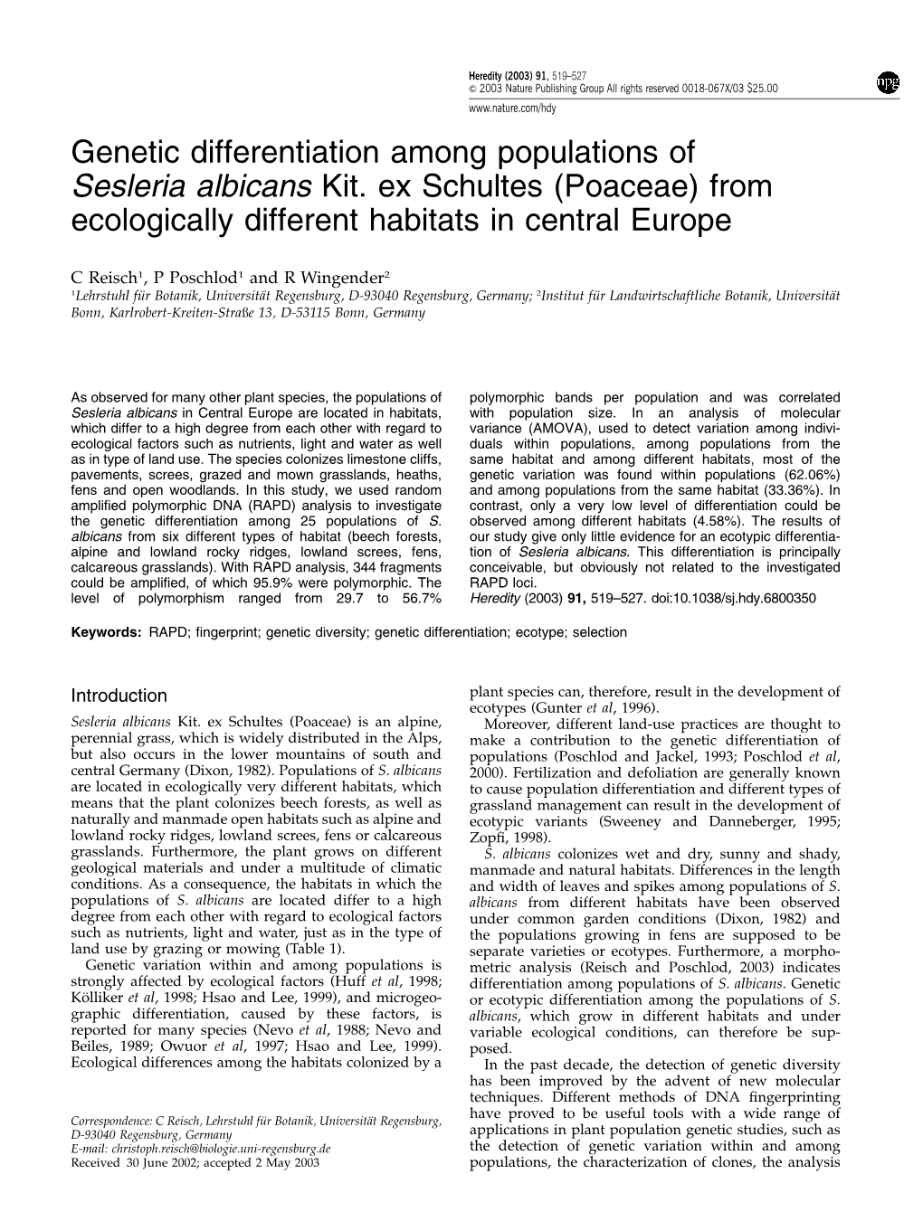 Genetic Differentiation Among Populations of Sesleria Albicans Kit