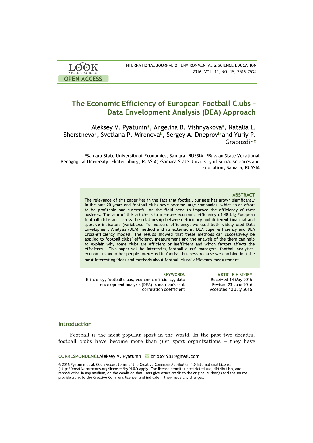 The Economic Efficiency of European Football Clubs – Data Envelopment Analysis (DEA) Approach