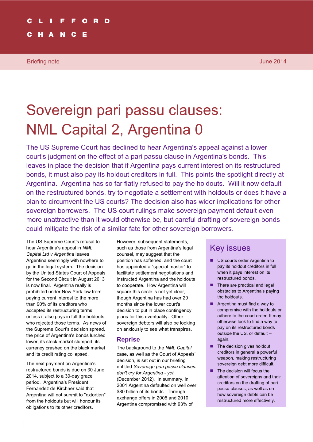 Sovereign Pari Passu Clauses: NML Capital 2, Argentina 0 1