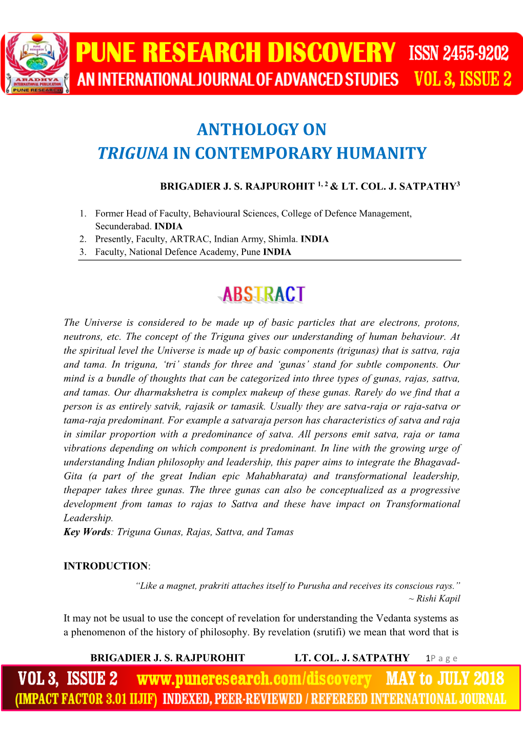 Anthology on Triguna in Contemporary Humanity