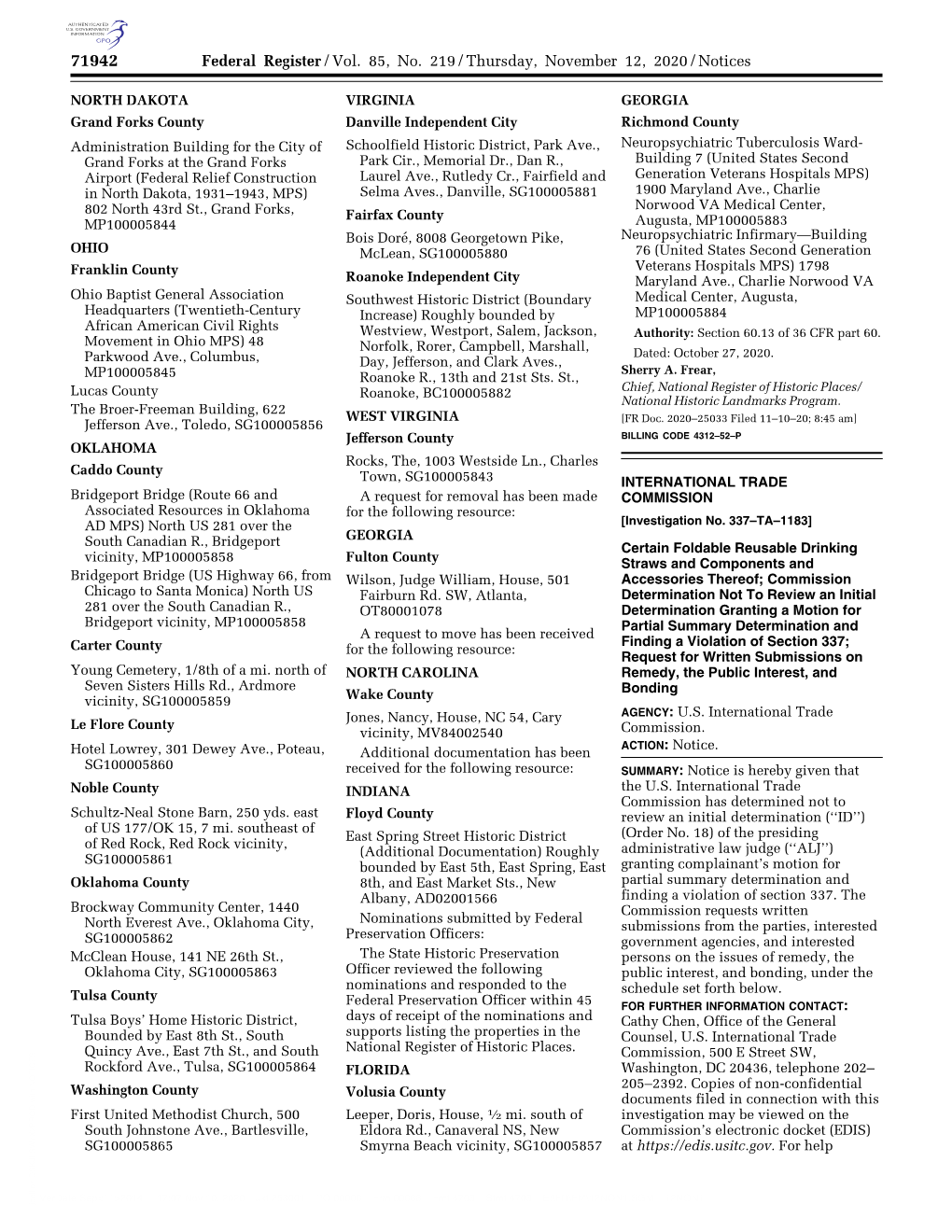 Federal Register/Vol. 85, No. 219/Thursday, November 12, 2020