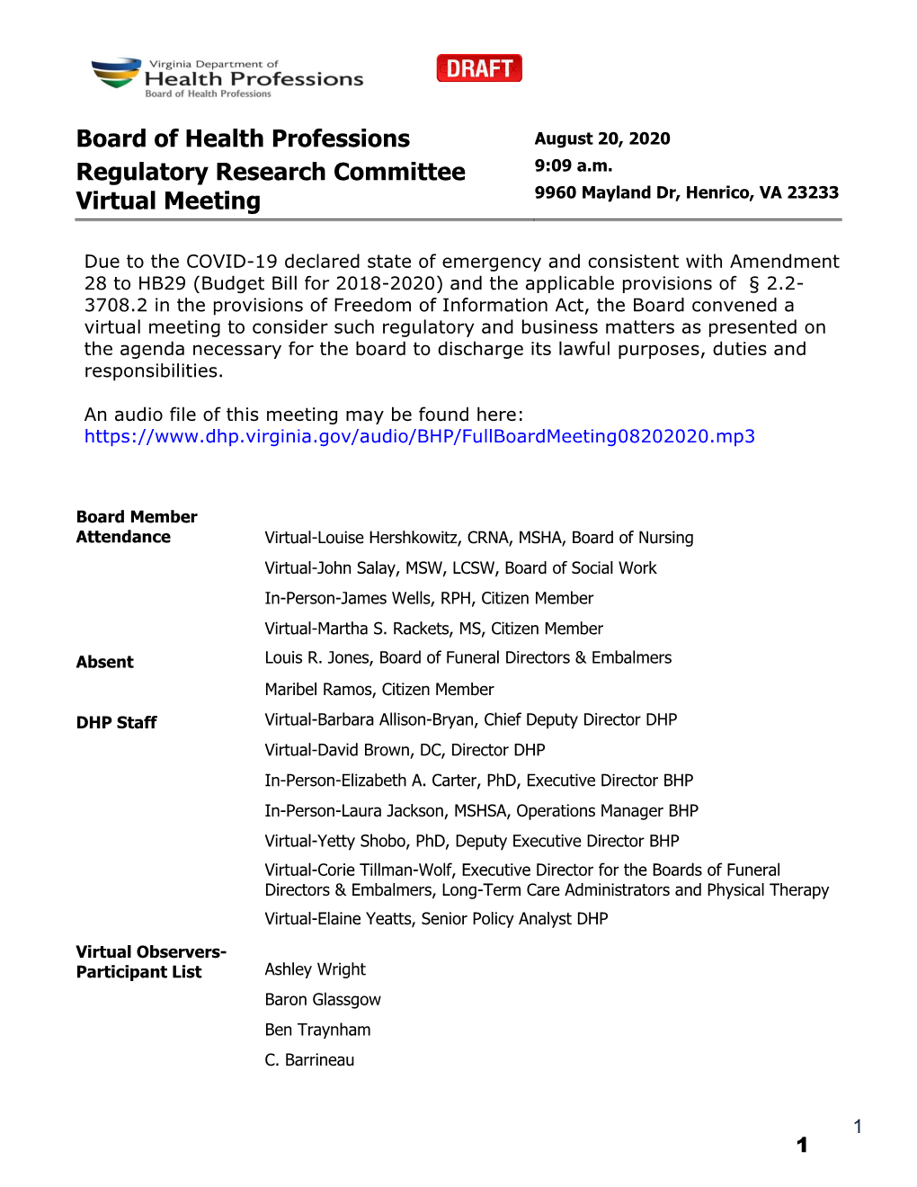 Board of Health Professions Regulatory Research Committee Virtual