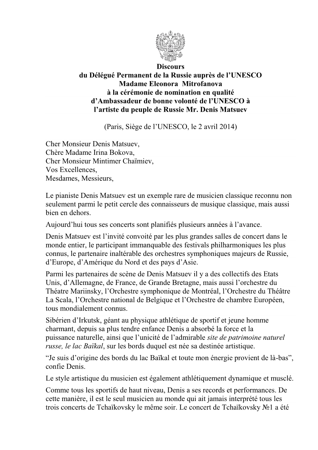 Discours Du Délégué Permanent De La Russie Auprès De L'unesco