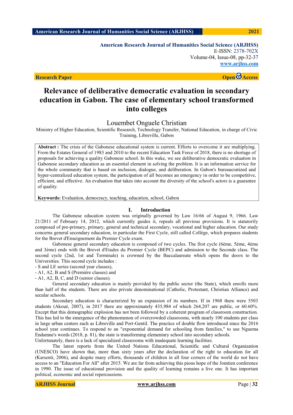 Relevance of Deliberative Democratic Evaluation in Secondary Education in Gabon