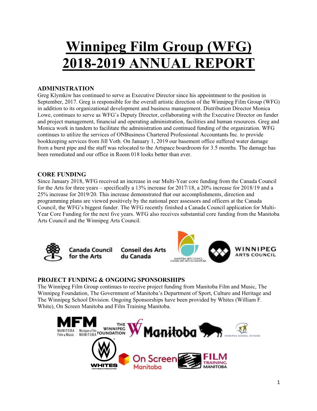 Winnipeg Film Group (WFG) 2018-2019 ANNUAL REPORT