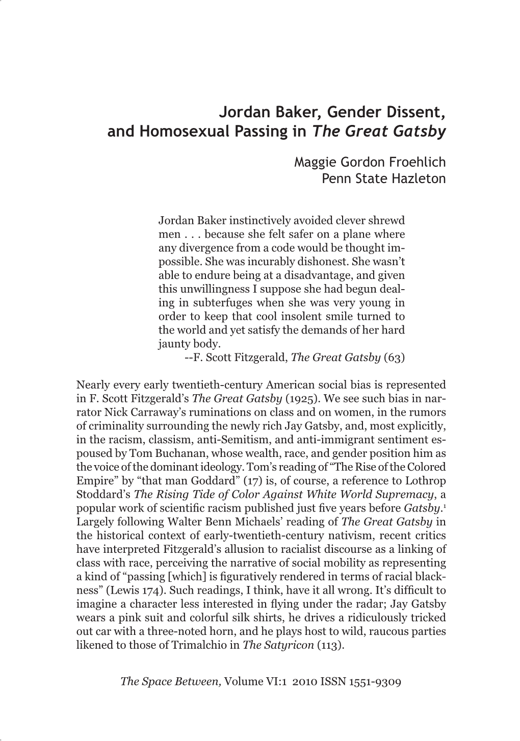 Jordan Baker, Gender Dissent, and Homosexual Passing in the Great Gatsby