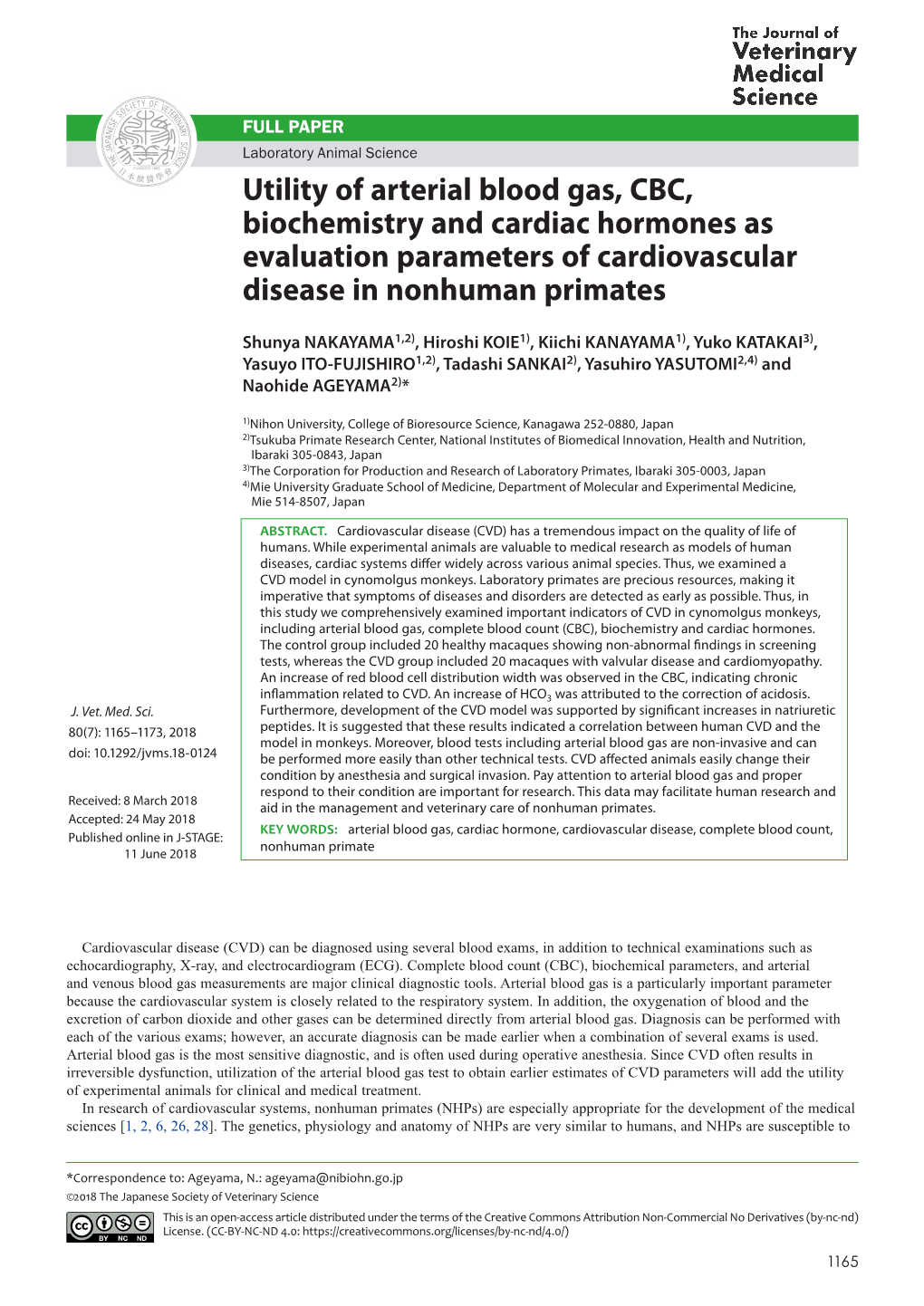 Utility of Arterial Blood Gas, CBC, Biochemistry and Cardiac Hormones As Evaluation Parameters of Cardiovascular Disease in Nonhuman Primates