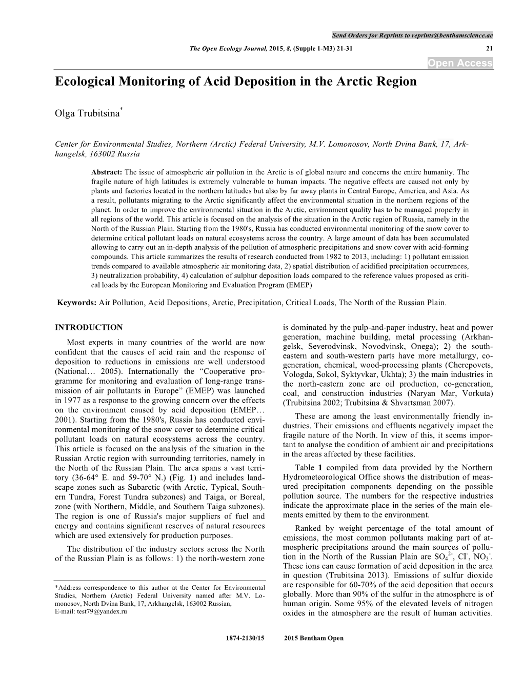 Ecological Monitoring of Acid Deposition in the Arctic Region