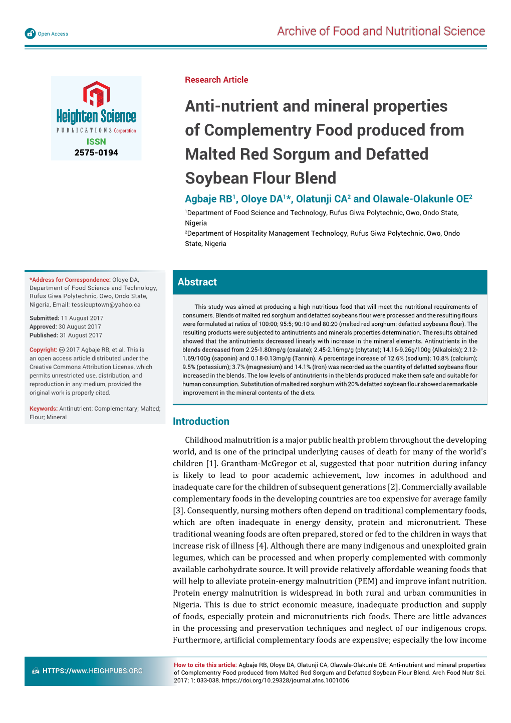 Anti-Nutrient and Mineral Properties of Complementry Food Produced From