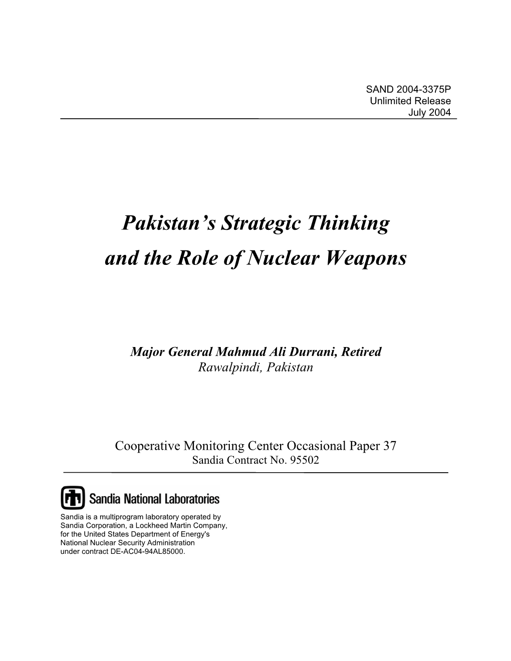 Pakistan's Strategic Thinking and the Role of Nuclear Weapons