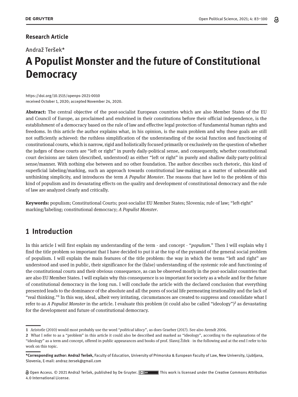 A Populist Monster and the Future of Constitutional Democracy