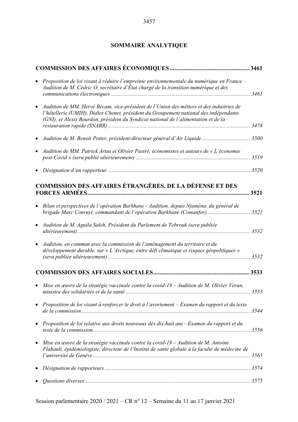 Session Parlementaire 2020 / 2021 – CR N° 12 – Semaine Du 11 Au 17 Janvier 2021 3458