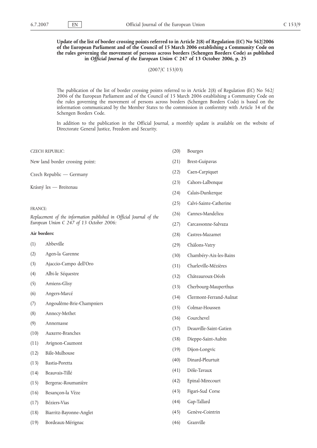 Update of the List of Border Crossing Points Referred to In