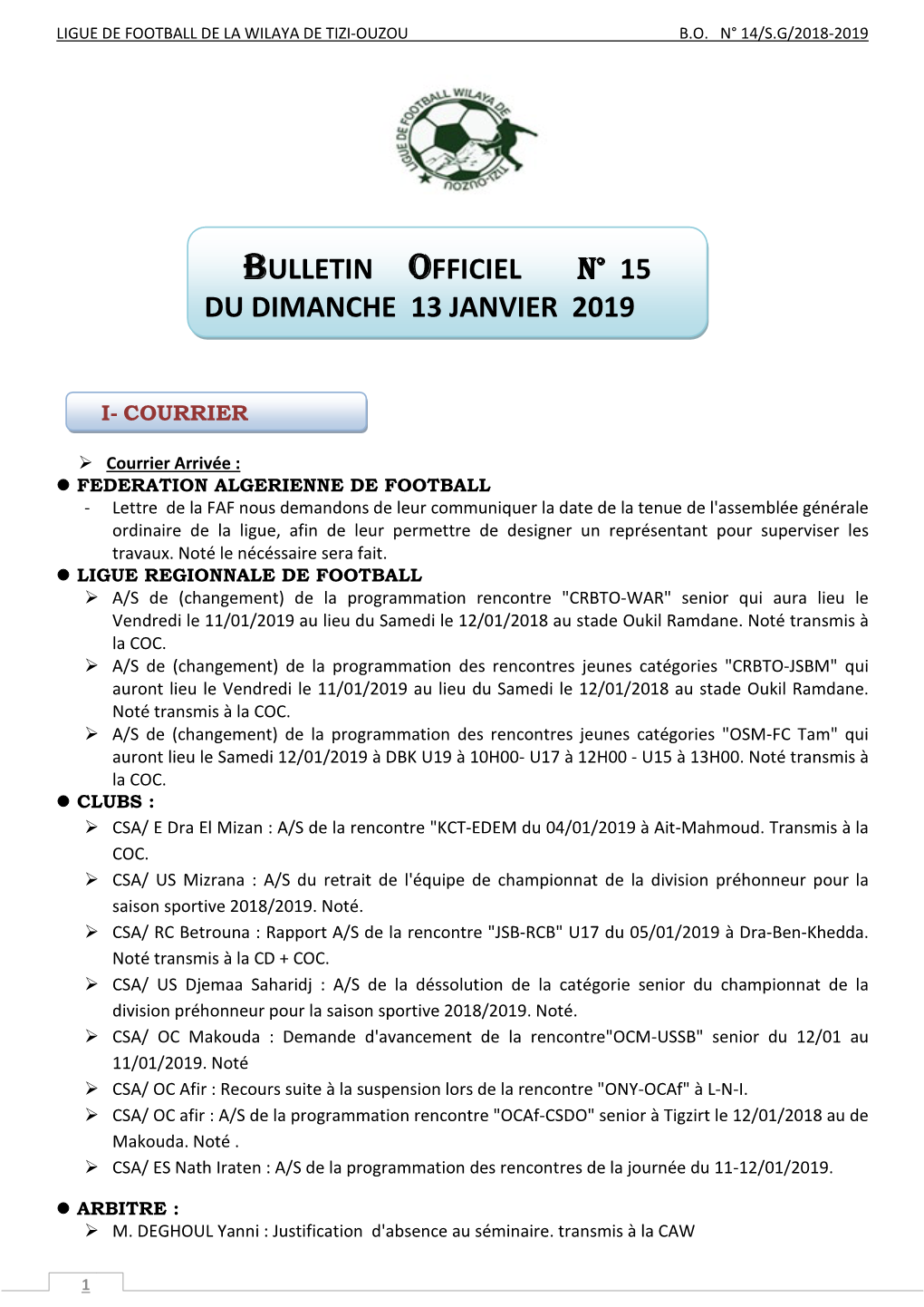 Bulletin Officiel N° 15 Du Dimanche 13 Janvier 2019