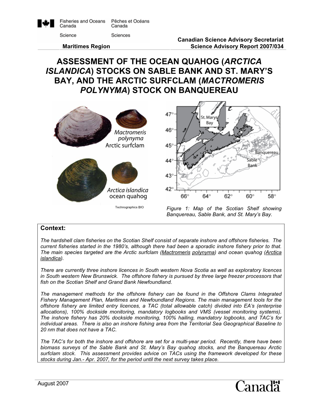 (Arctica Islandica) Stocks on Sable Bank and St. Mary's Bay