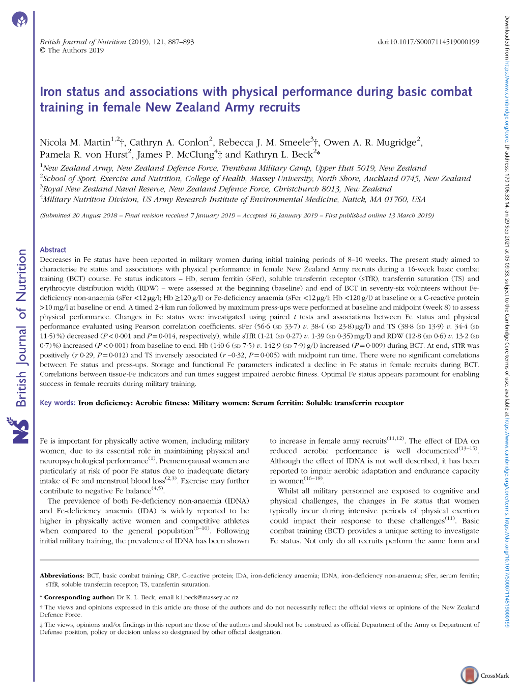 Iron Status and Associations with Physical Performance During Basic Combat Training in Female New Zealand Army Recruits