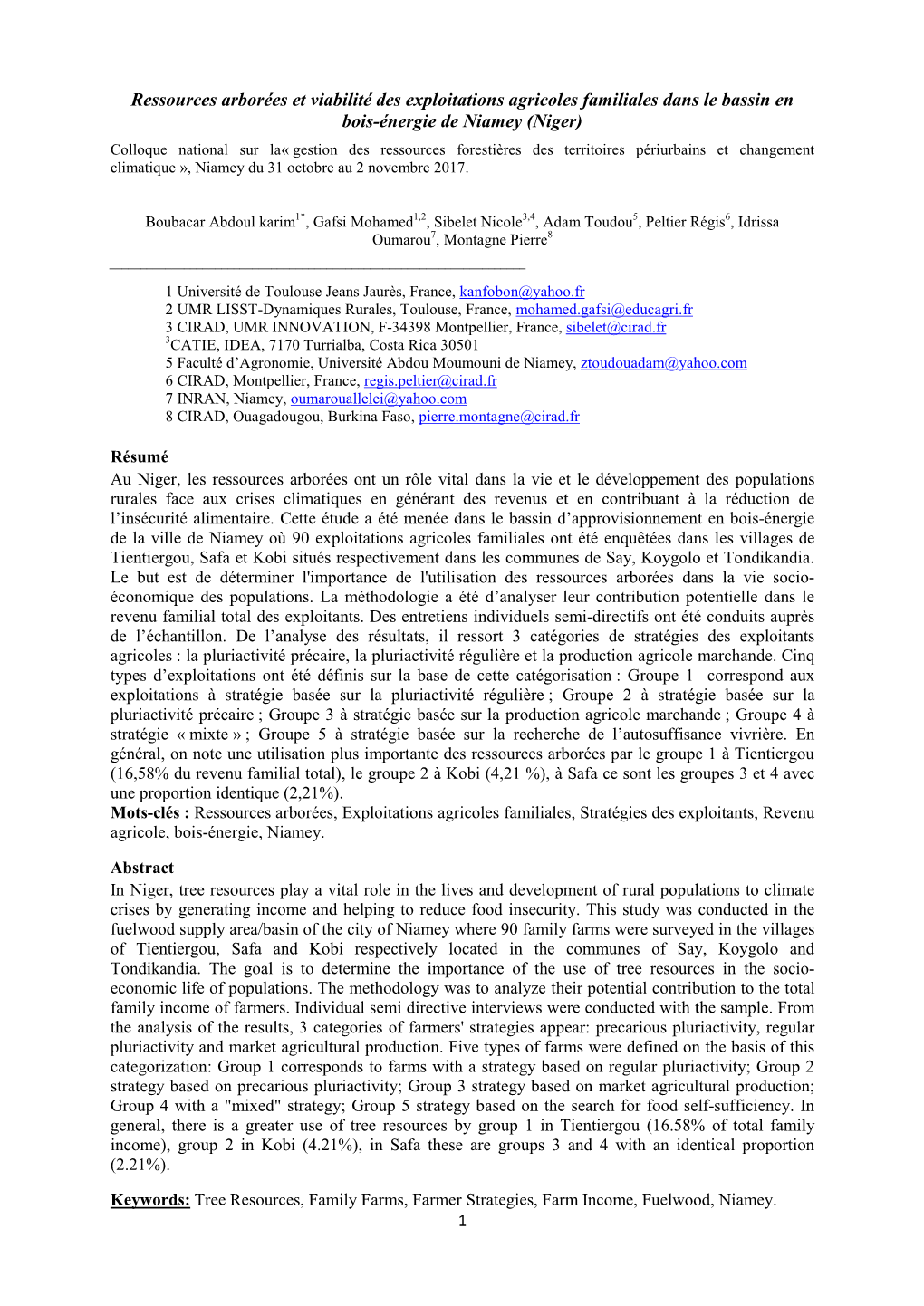 Niger) Colloque National Sur La« Gestion Des Ressources Forestières Des Territoires Périurbains Et Changement Climatique », Niamey Du 31 Octobre Au 2 Novembre 2017