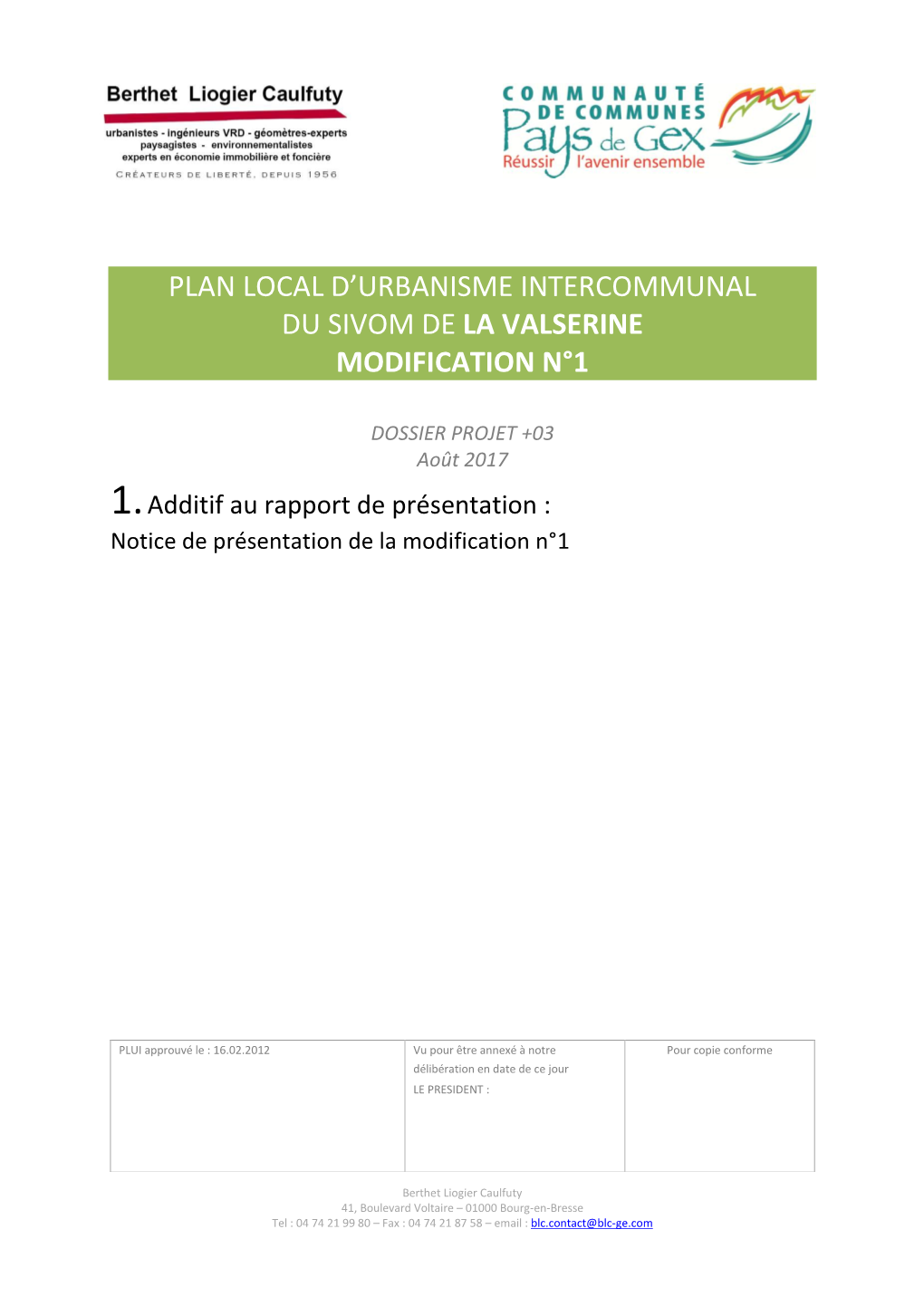 Plan Local D'urbanisme Intercommunal Du Sivom De La Valserine Modification