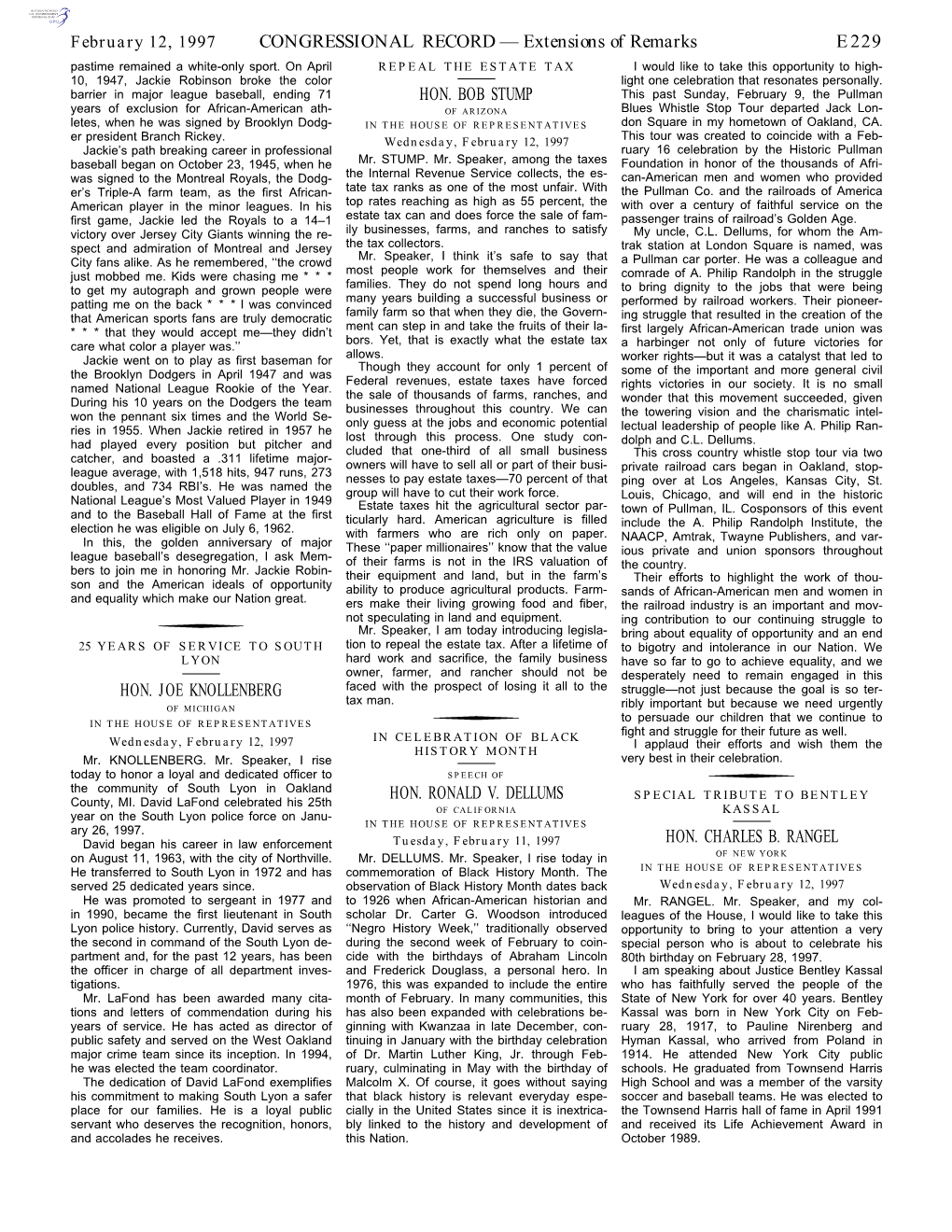 CONGRESSIONAL RECORD— Extensions of Remarks E229 HON. JOE KNOLLENBERG HON. BOB STUMP HON. RONALD V. DELLUMS HON. CHARLES B. RA