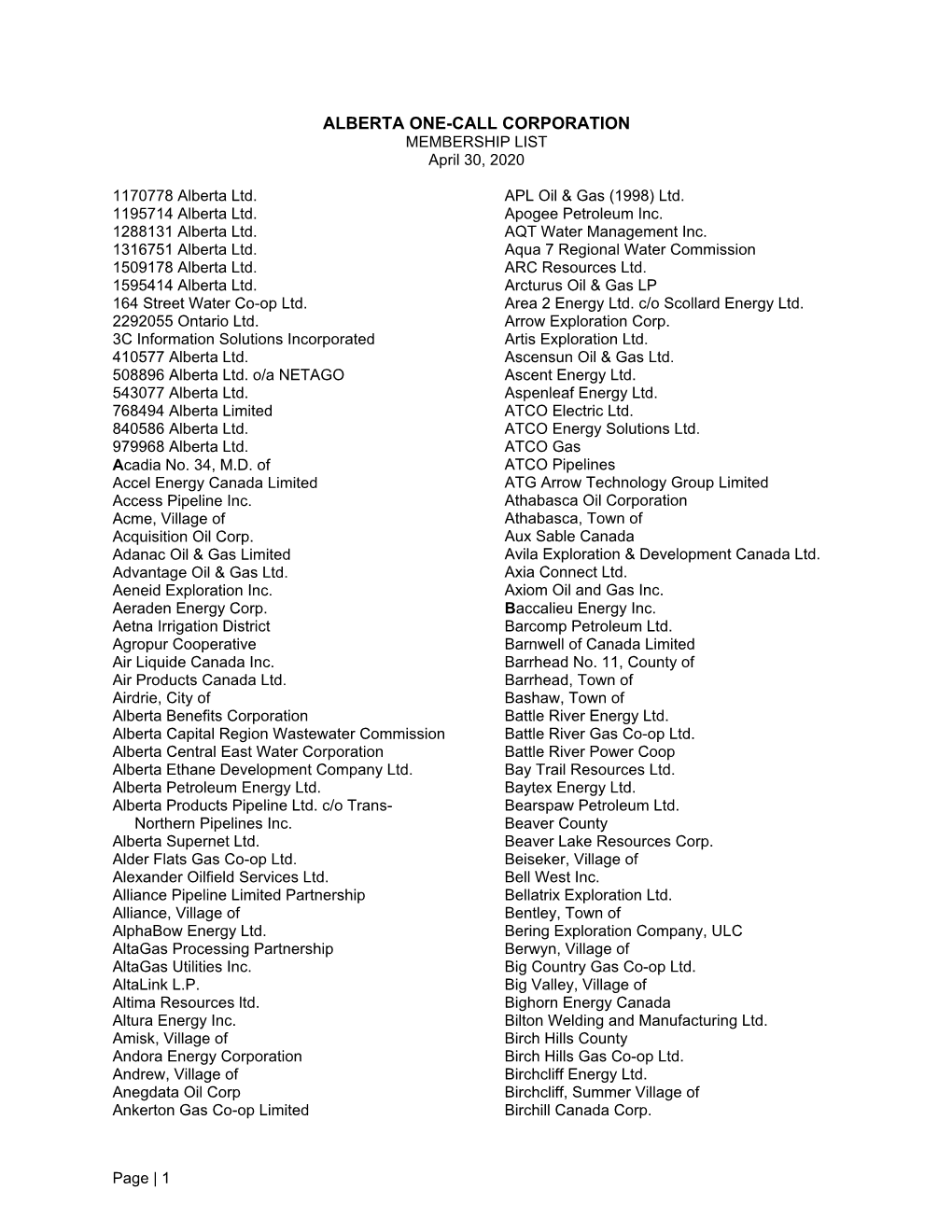 ALBERTA ONE-CALL CORPORATION MEMBERSHIP LIST April 30, 2020