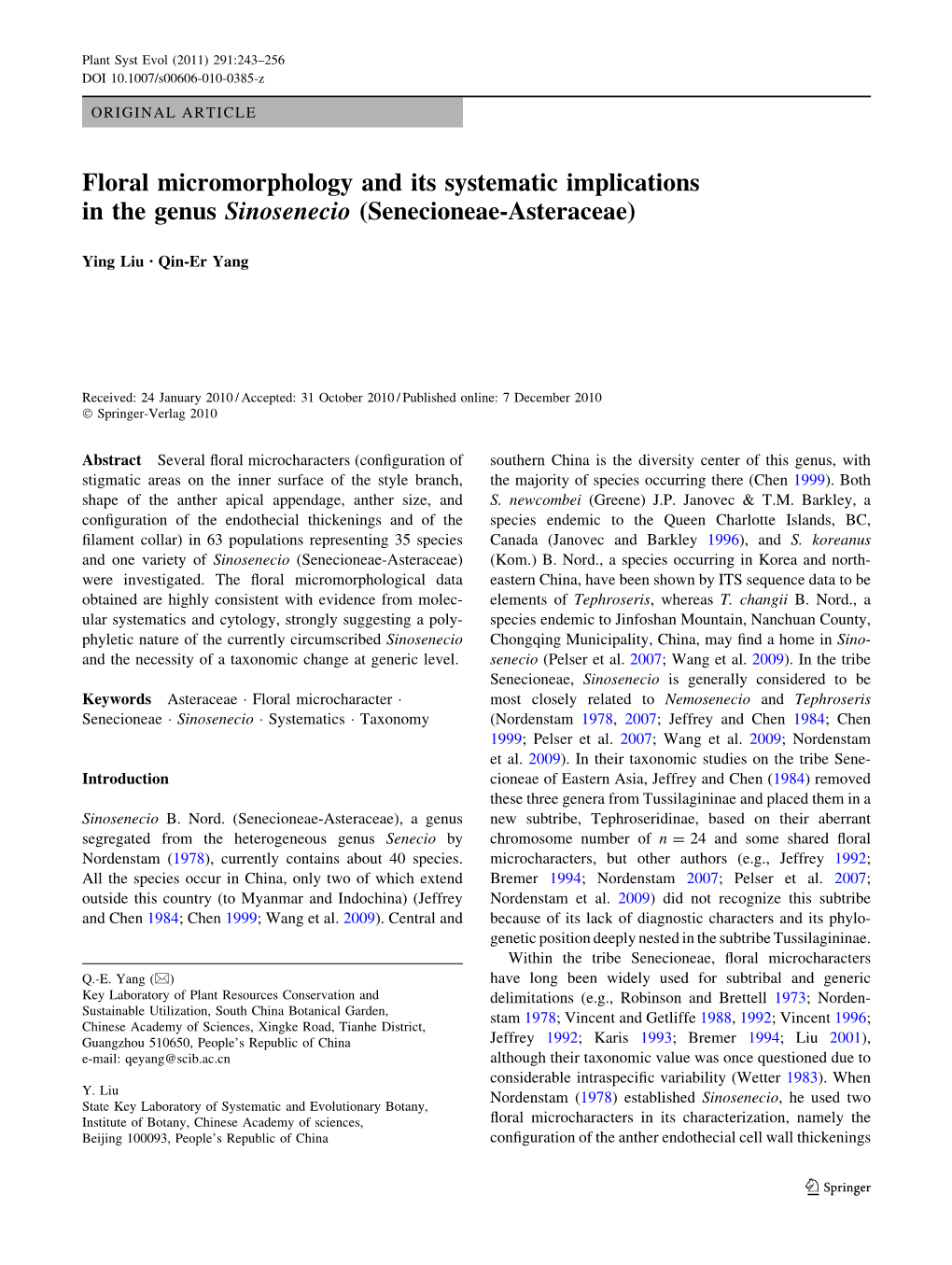 Floral Micromorphology and Its Systematic Implications in the Genus Sinosenecio (Senecioneae-Asteraceae)