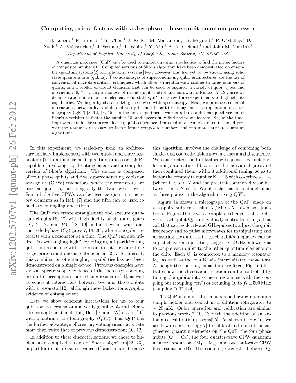 Computing Prime Factors with a Josephson Phase Qubit Quantum Processor